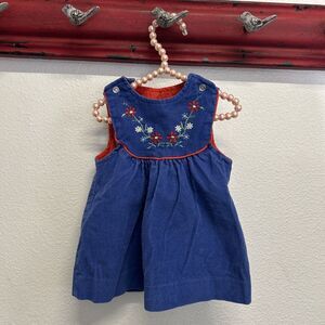Vintage Carter’s 18 Months Corduroy Dress USA Blue Red Embroidered Retro Floral